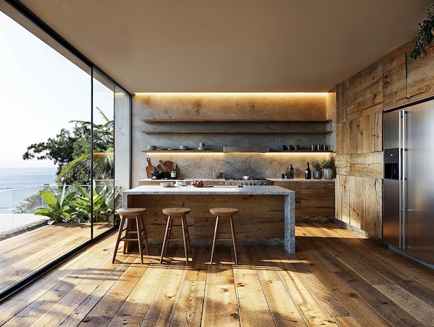 a kitchen with a table and chairs and a large window