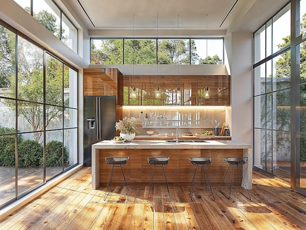 a kitchen with a table and chairs and a large window