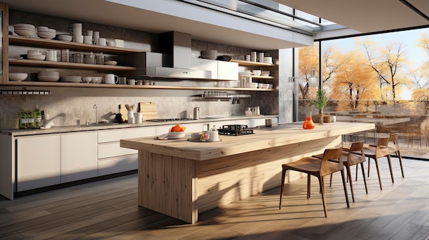 a kitchen with a table and chairs and a large window.