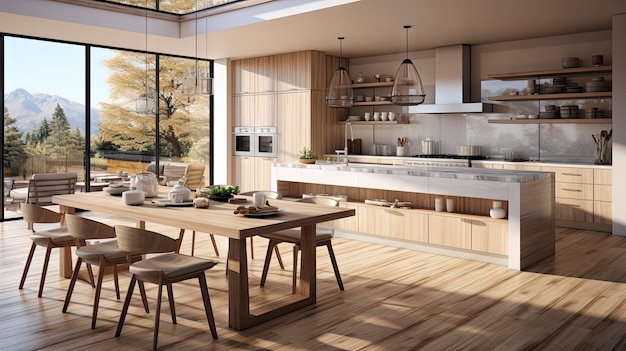 a kitchen with a table and chairs and a large window.