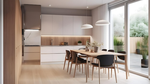 A kitchen with a table and chairs and a large window