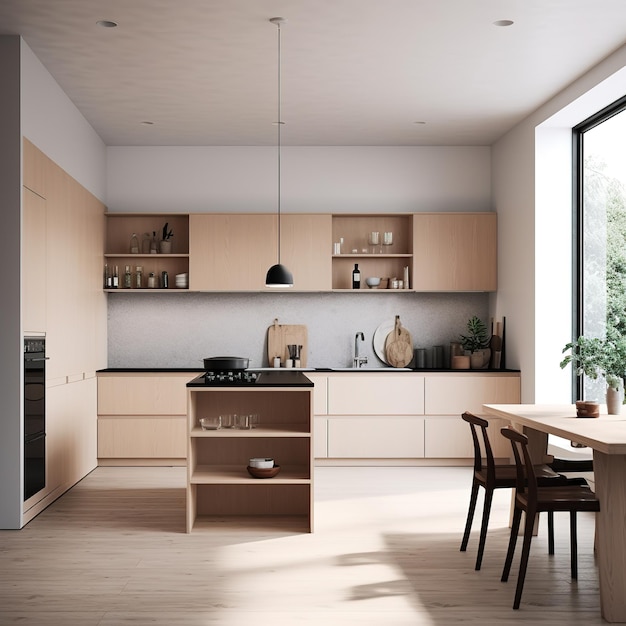 A kitchen with a table and chairs and a large window