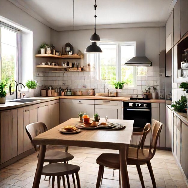 a kitchen with a table and chairs and a light hanging from the ceiling