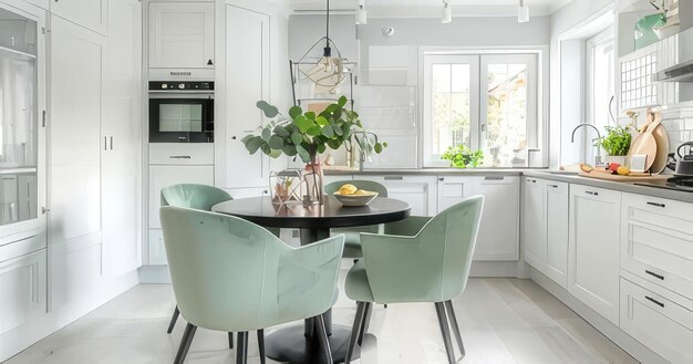 Photo a kitchen with a table and chairs and a microwave