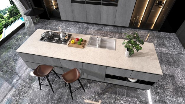 Photo a kitchen with a table and chairs and a pot of fruit on the counter