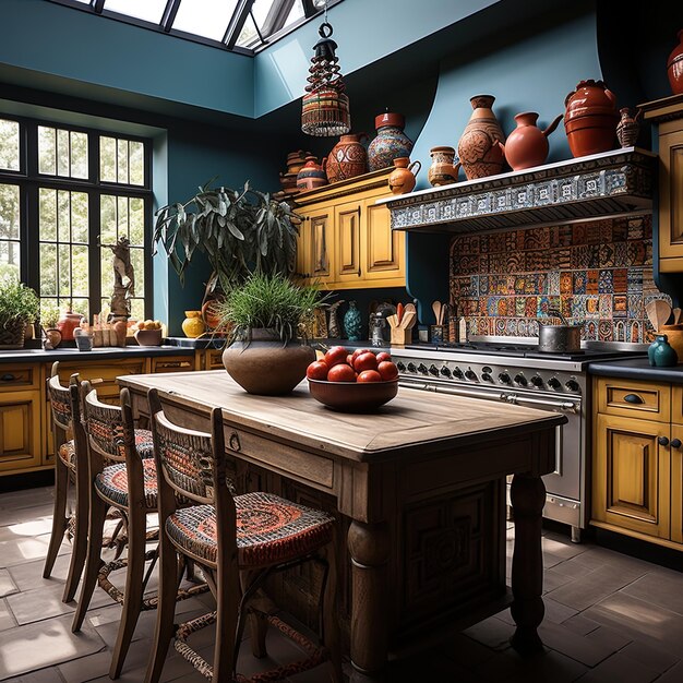 a kitchen with a table and chairs and a pot with a plant on it