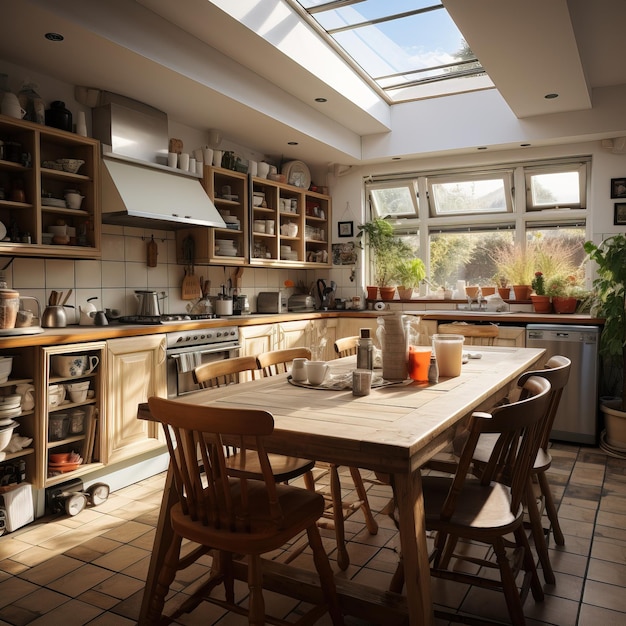 a kitchen with a table and chairs and a skylight