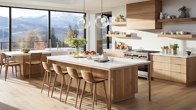 a kitchen with a table and chairs and a stove with a view of the mountains.