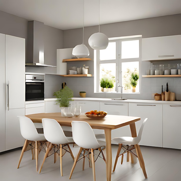 a kitchen with a table chairs and a table with a bowl of fruit on it