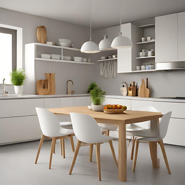 a kitchen with a table chairs and a table with a bowl of fruit on it