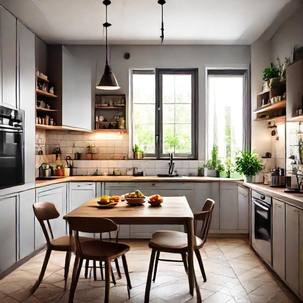 a kitchen with a table and chairs and a table with food on it