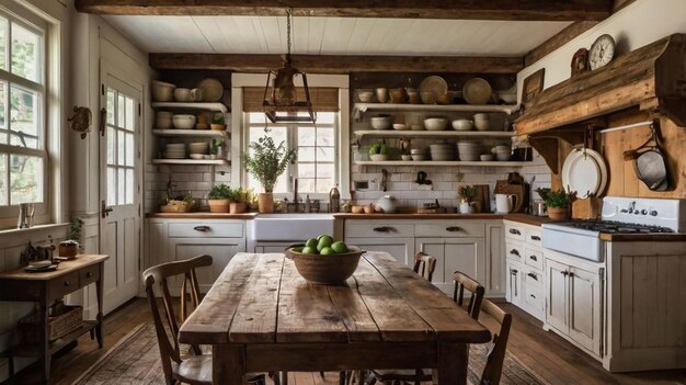 a kitchen with a table and chairs and a table with food on it