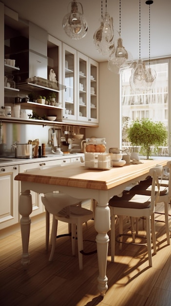 a kitchen with a table and chairs and a table with food on it