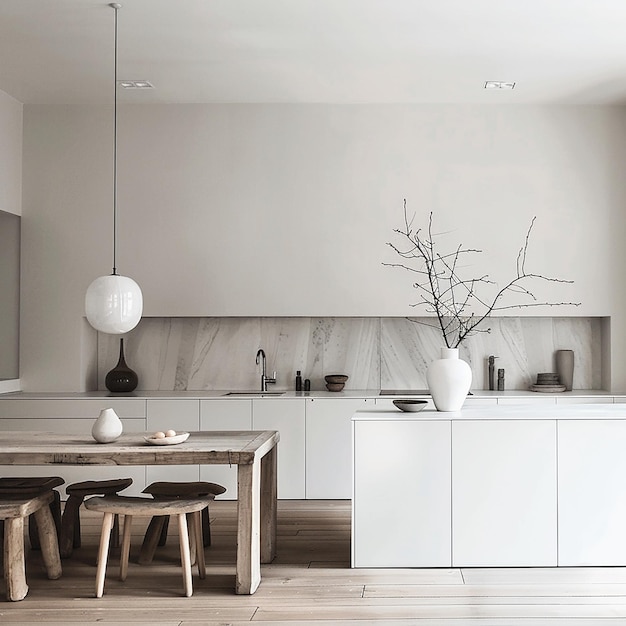 Photo a kitchen with a table and chairs and a table with a plant on it