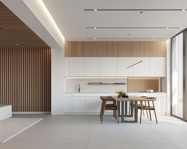 a kitchen with a table and chairs and a table with a plant on it