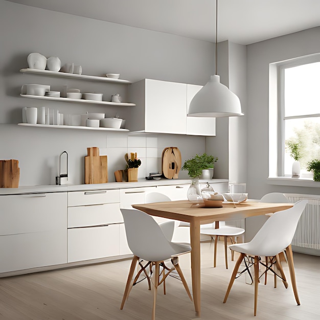 Photo a kitchen with a table chairs and a table with a pot on it