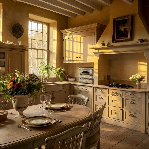 Photo a kitchen with a table and chairs and a toaster oven