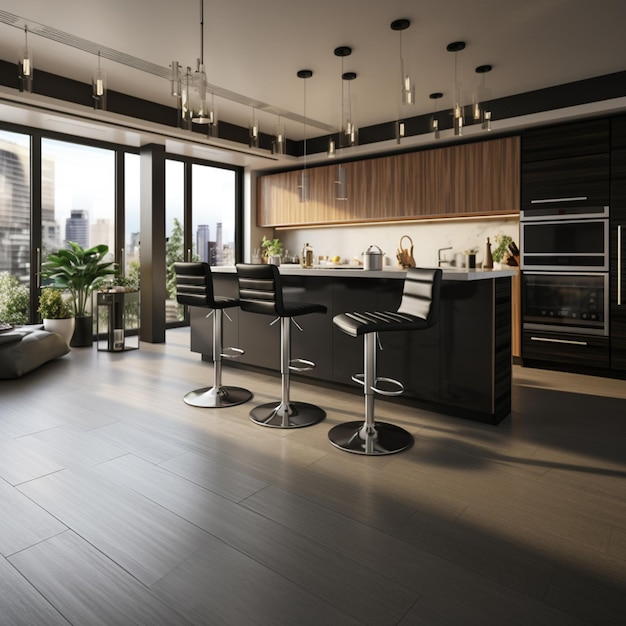 Photo a kitchen with a table and chairs and a view of the city