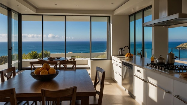 a kitchen with a table and chairs and a view of the ocean