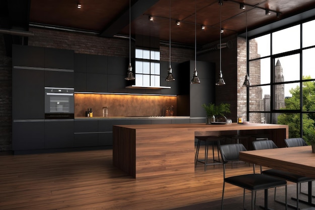 A kitchen with a table and chairs and a wall of windows