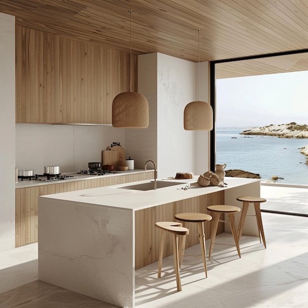 a kitchen with a table and chairs and a window overlooking the ocean