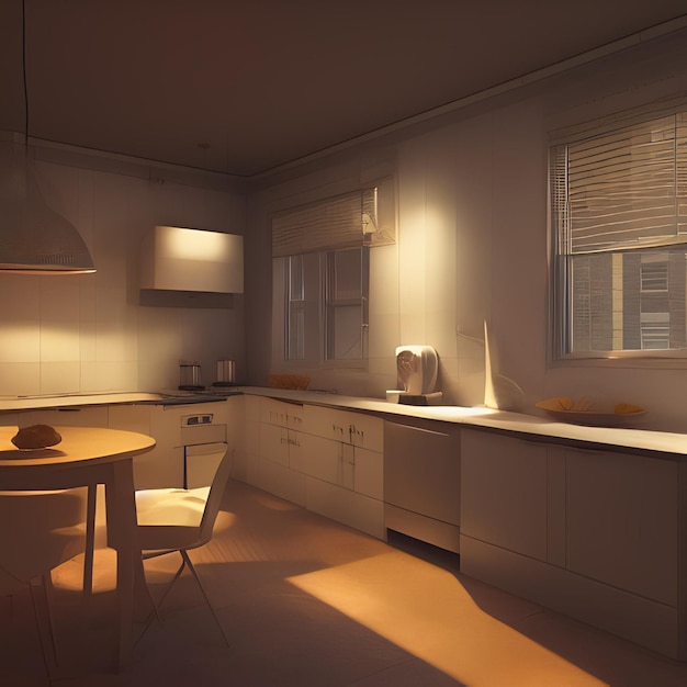 A kitchen with a table and chairs and a window with the blinds down.