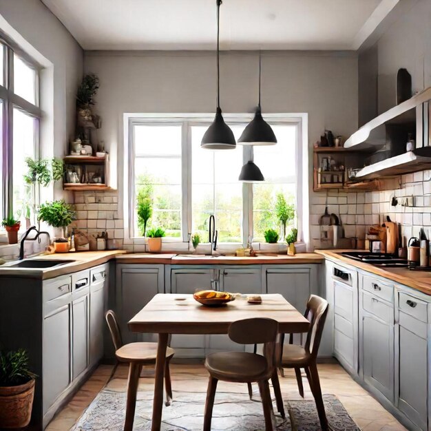 a kitchen with a table and chairs and a window with the sun shining through