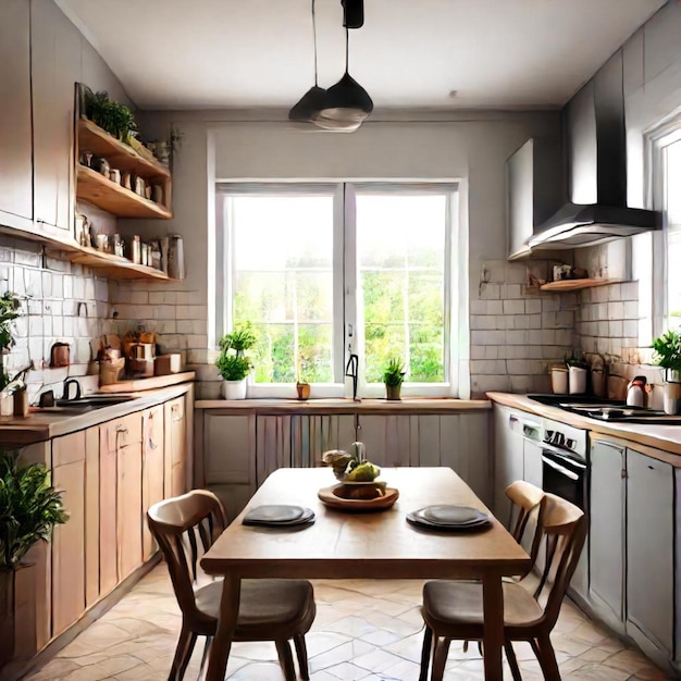 a kitchen with a table and chairs and a window with a view of the outside