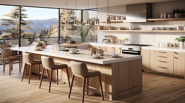 a kitchen with a table and chairs and a window