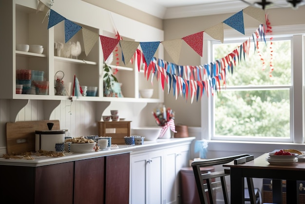 A kitchen with a table and chairs with flags hanging from the ceiling