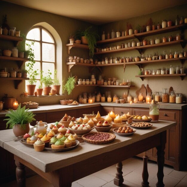 Photo a kitchen with a table full of food and a window with a view of the outside