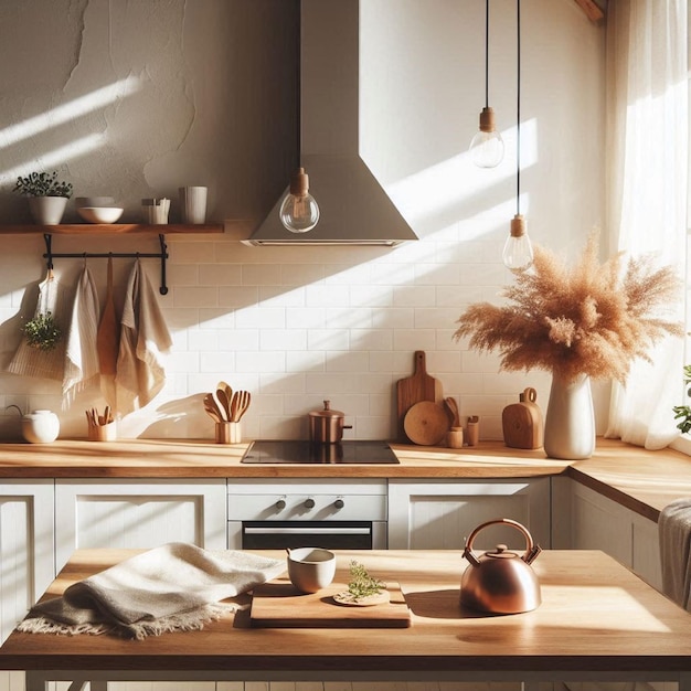 Photo a kitchen with a table and a pot with a pot on it