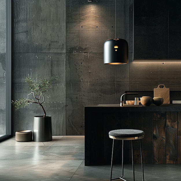 a kitchen with a table and a potted plant on it