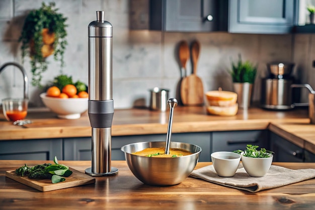 a kitchen with a table with bowls of food and a container of dip