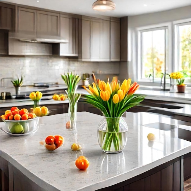 a kitchen with a vase of flowers on the counter and a vase of flowers on the counter