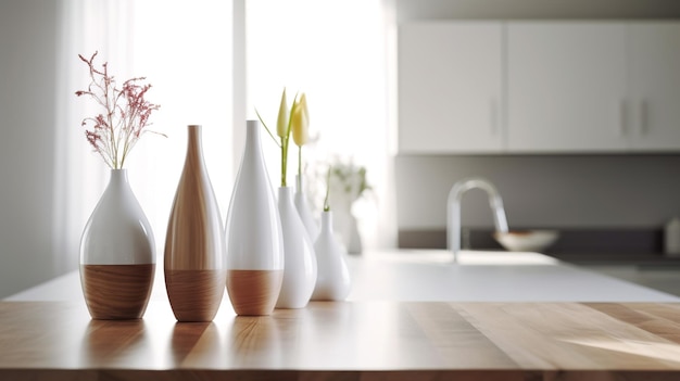 A kitchen with a vase of flowers on a table and a vase of flowers on the table.