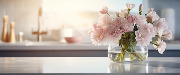 a kitchen with a vase of flowers