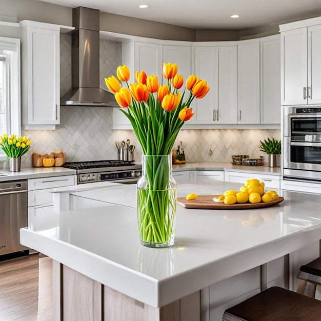 a kitchen with a vase of tulips on a counter and a microwave