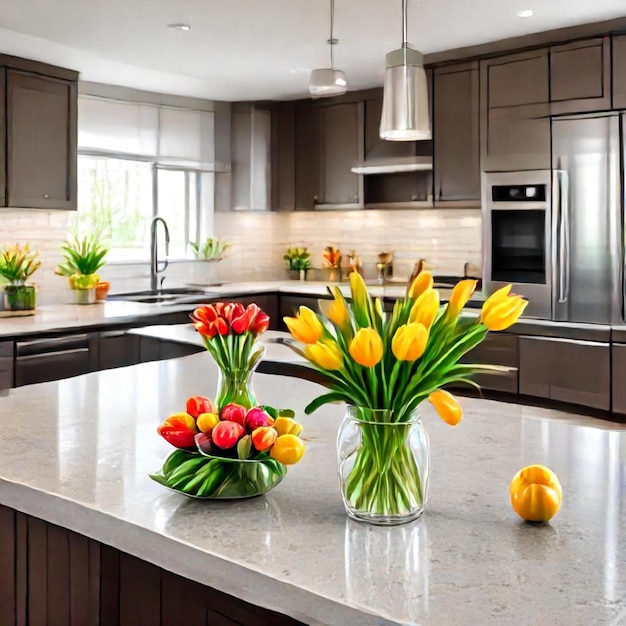 a kitchen with a vase of tulips on the counter