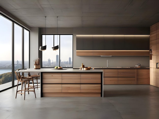 a kitchen with a view of the city skyline