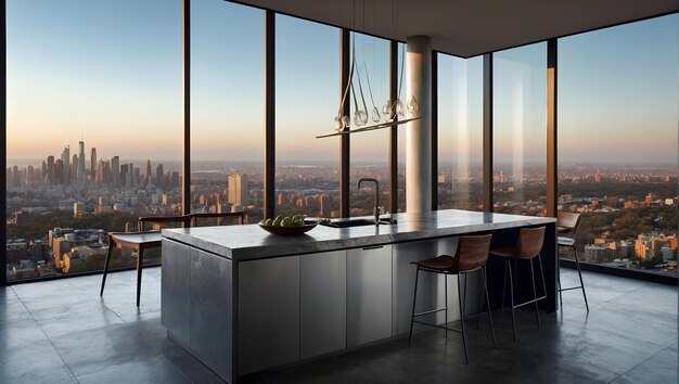 Photo a kitchen with a view of the city skyline