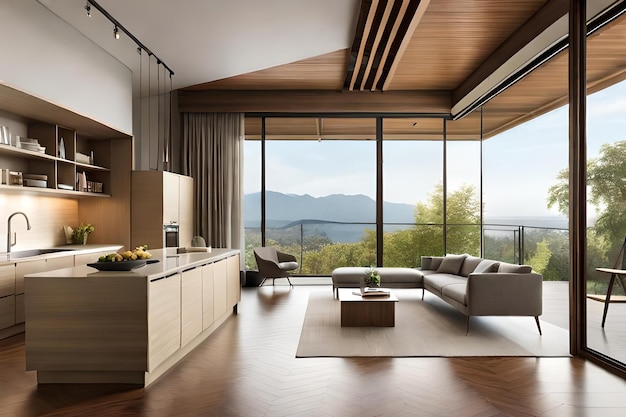 A kitchen with a view of the mountains and the ocean