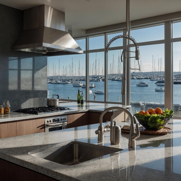 a kitchen with a view of the ocean and a large window