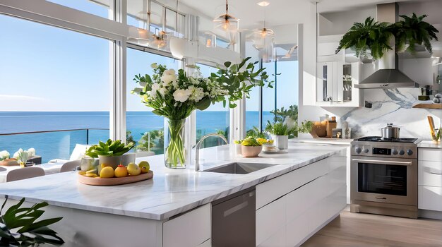 Photo a kitchen with a view of the ocean and a large window