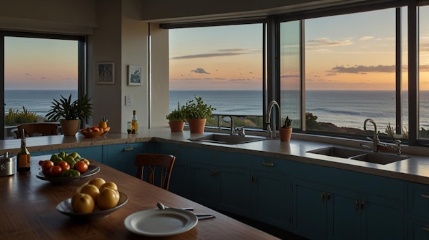 Photo a kitchen with a view of the ocean and the ocean