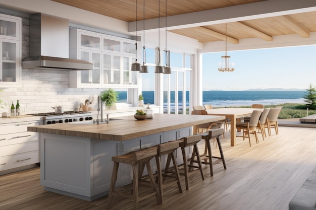 A kitchen with a view of the ocean