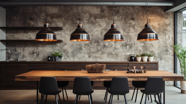 a kitchen with a wall of lights and a table with chairs and a wall behind it