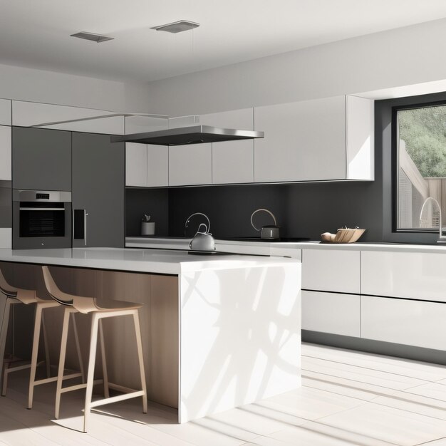 A kitchen with a white and black cabinetry and a white countertop.