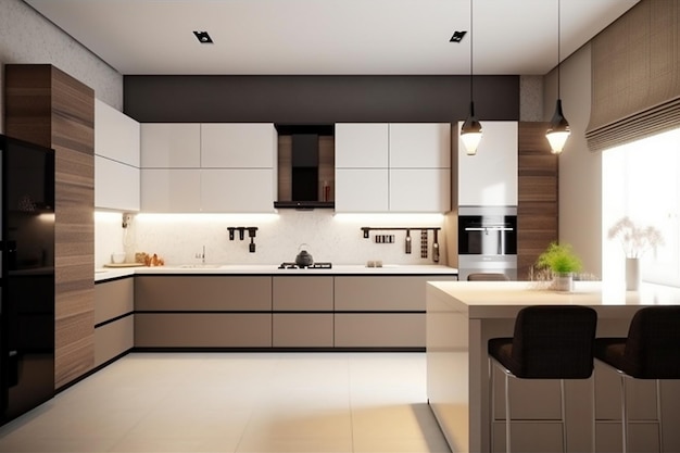 A kitchen with a white and black kitchen island and a black countertop with a white countertop.