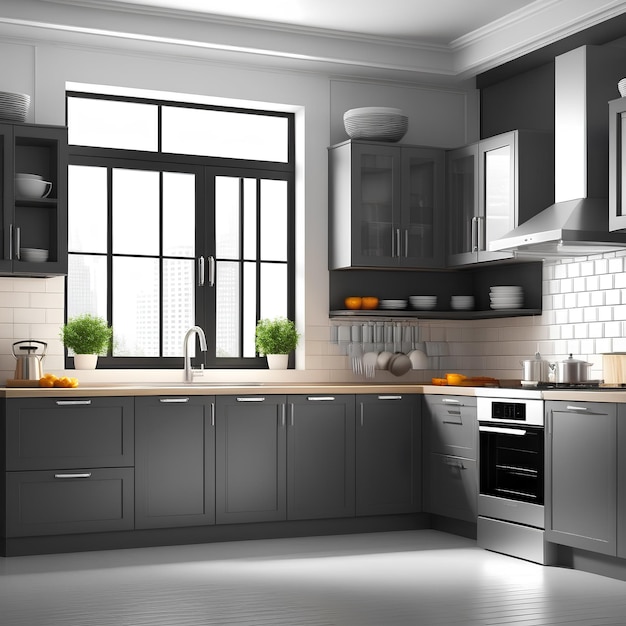 a kitchen with a white and black kitchen with a window